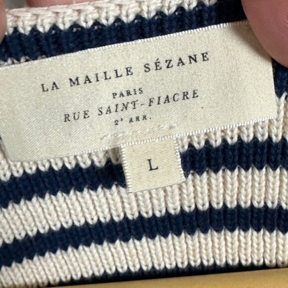 Sezane Daisy Jumper Sweater Natural Navy Blue Striped Size Large Gold Buttons - Picture 4 of 14